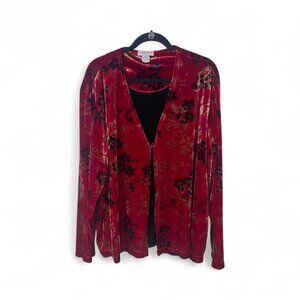 Womens 3X Blouse Floral Faux Suede Layered Burgundy Red Black Tank Stretch Flowy